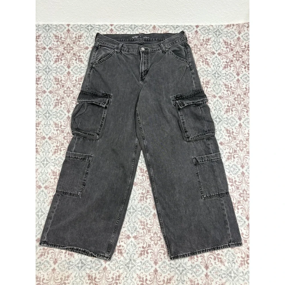Old Navy Drapey Denim Baggy Wide Leg Cargo Jeans Washed Black Gray Size 12 Cotto